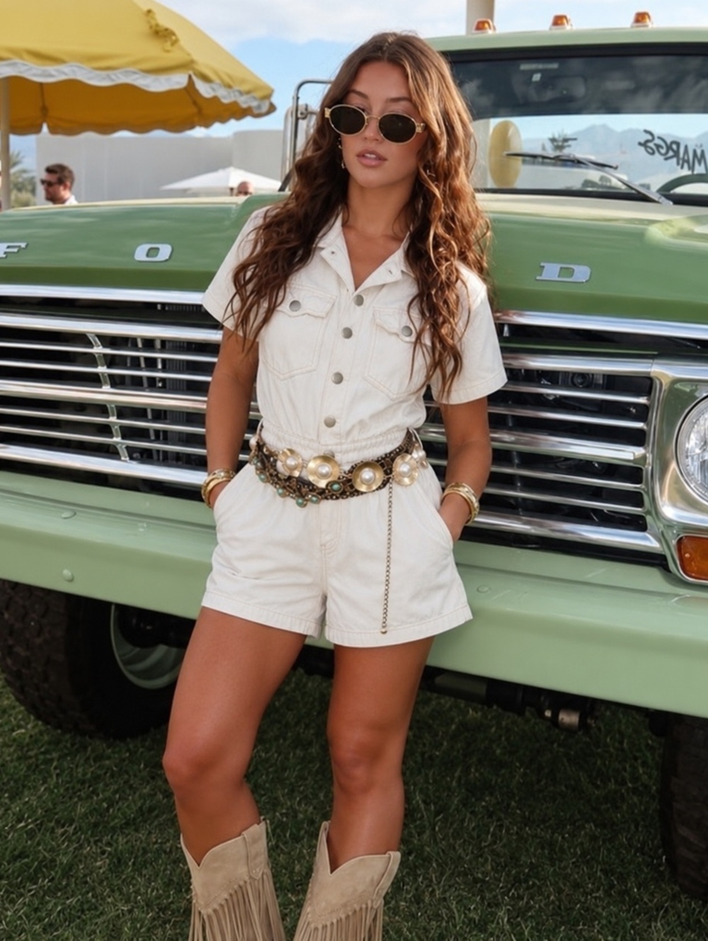 Cloud Ten Ivory Denim Romper Rhinestone Fringe Western Short Sleeve Size S